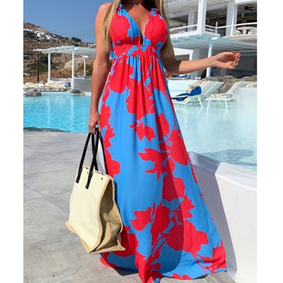 CBR Dresses & Skirts - New Blue & Red Tropical Hawaiian Print Maxi Dress